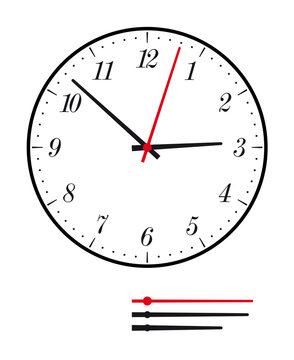 Elegant dial of a watch. Circular analog clock face with italic numbers for hours, division into 60 minutes, hands for minutes and hours, and with a red second hand. Isolated illustration over white.