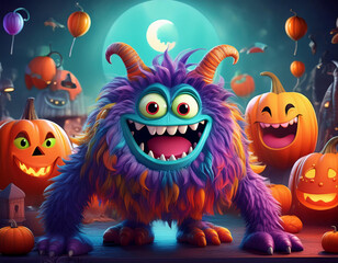 Monstre amusant avec des citrouilles qui rigolent, illustration personnage 3d pour célébrer la fête d'Halloween le 31 octobre