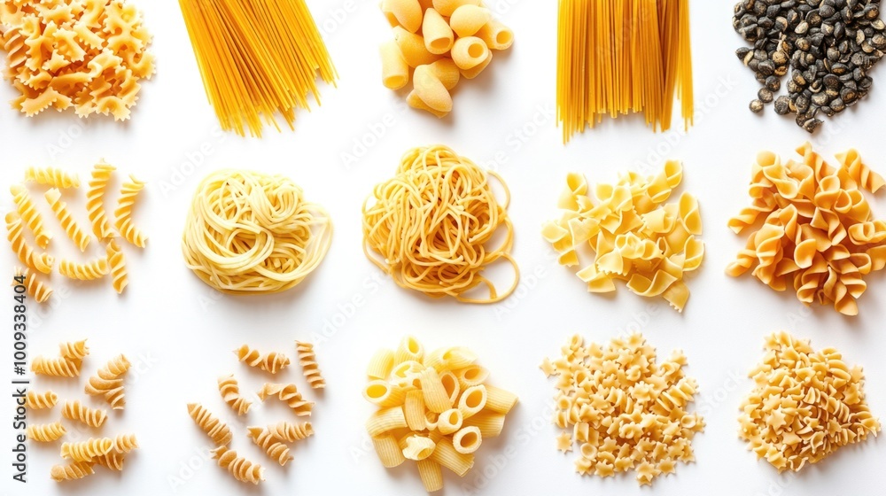 Poster Colorful pasta shapes arranged on a white background