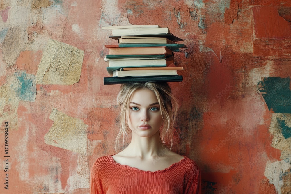 Poster A woman carrying a stack of books on her head, possibly in preparation for a move or storage