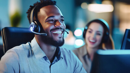 Stylish male call center worker using a headset while assisting a surprised customer during a night support session in a modern office
