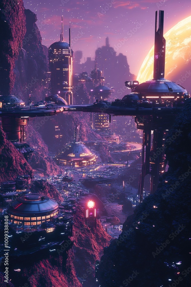 Poster a futuristic cityscape with a bridge spanning a river, perfect for urban or technological concepts