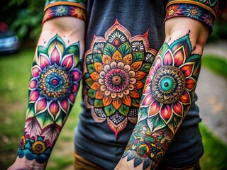 Obraz premium Intricate Forearm Tattoos Featuring Elegant Line Designs and Unique Patterns in Black Ink
