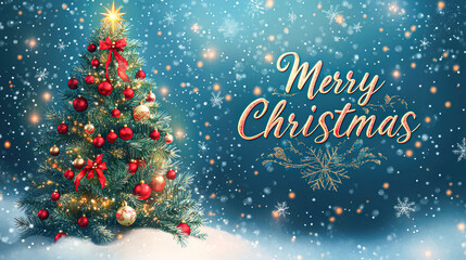 The tree is decorated with red ornaments and is surrounded by snow