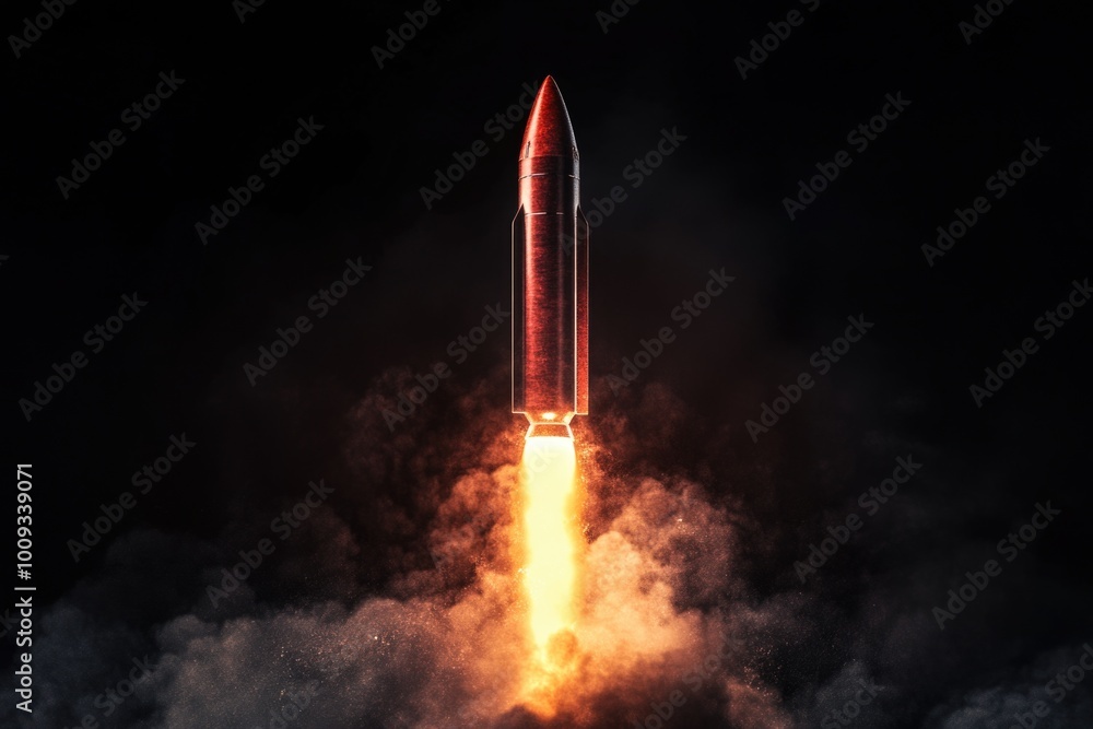 Poster a rocket blasting off with smoke trailing behind