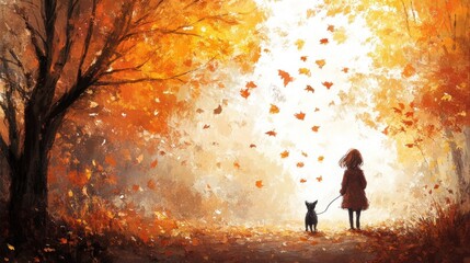 Fototapeta premium A girl and her dog walk through an autumn landscape filled with falling leaves.