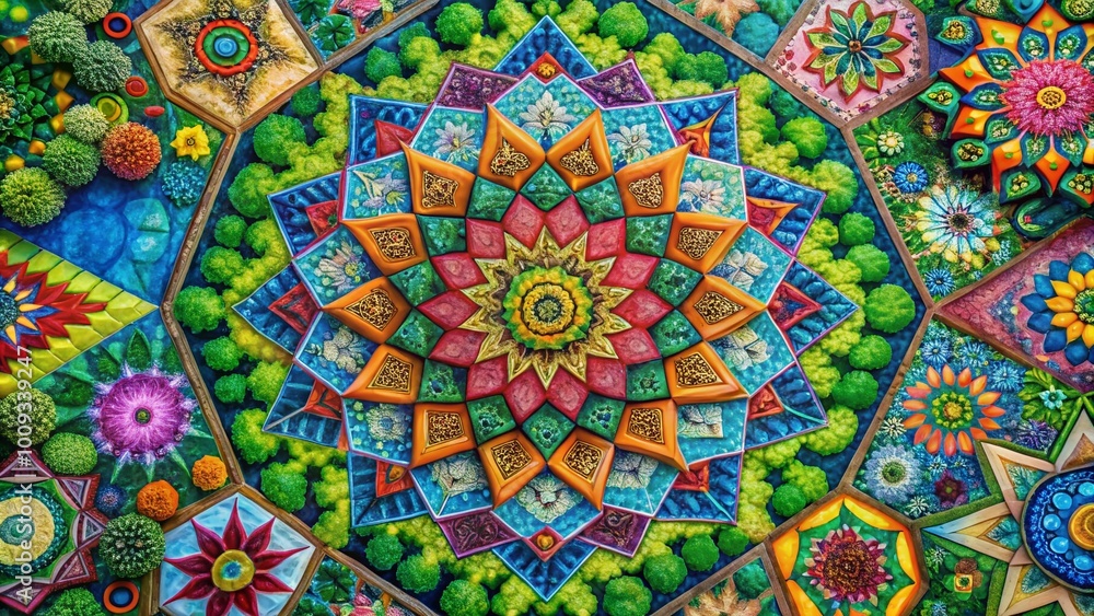 Poster intricate geometric coloring sheet for relaxation and creativity with abstract patterns and shapes