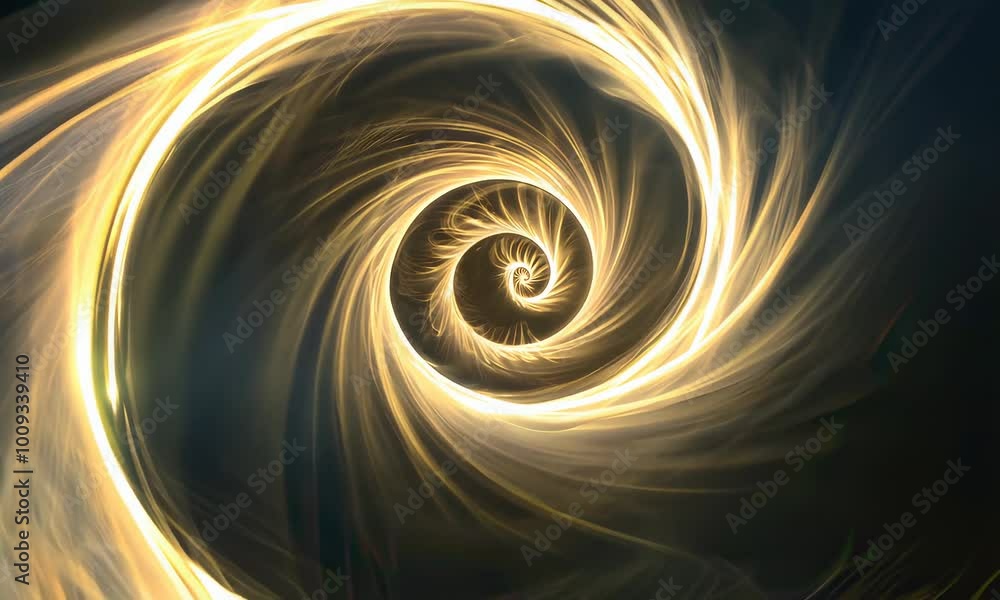 Poster a swirling golden spiral against a dark background creating a sense of depth and movement.