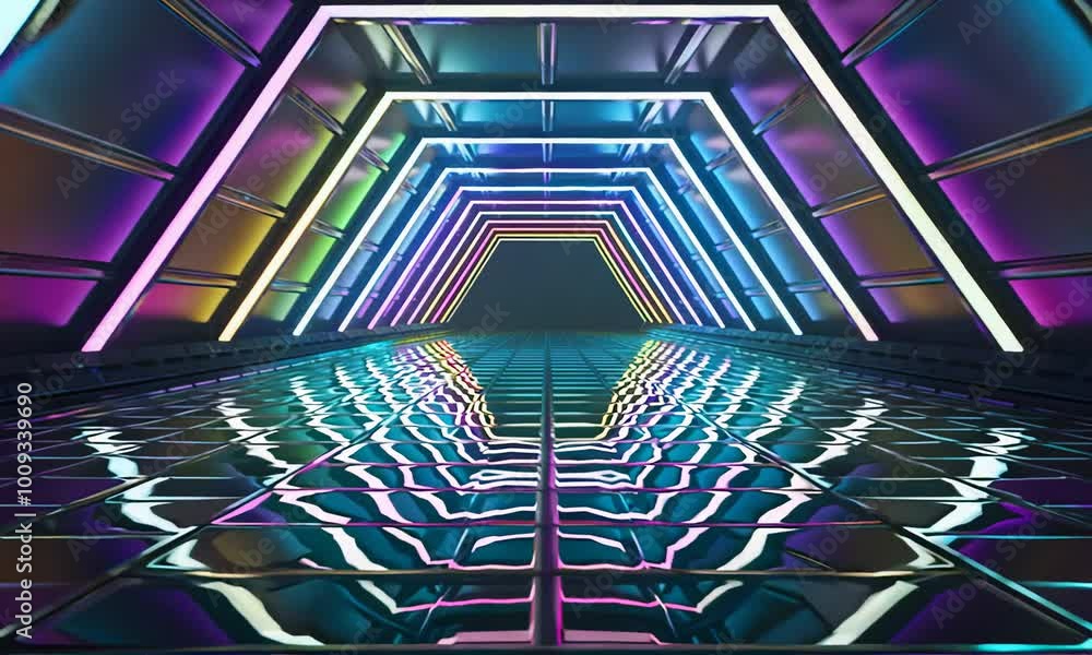 Poster a futuristic tunnel with vibrant neon lights creating a mesmerizing and surreal atmosphere.