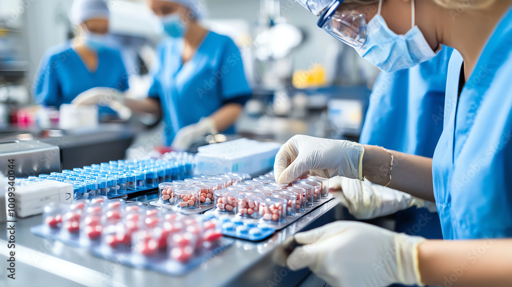 Poster laboratory technicians working with vials and equipment in a modern lab setting.