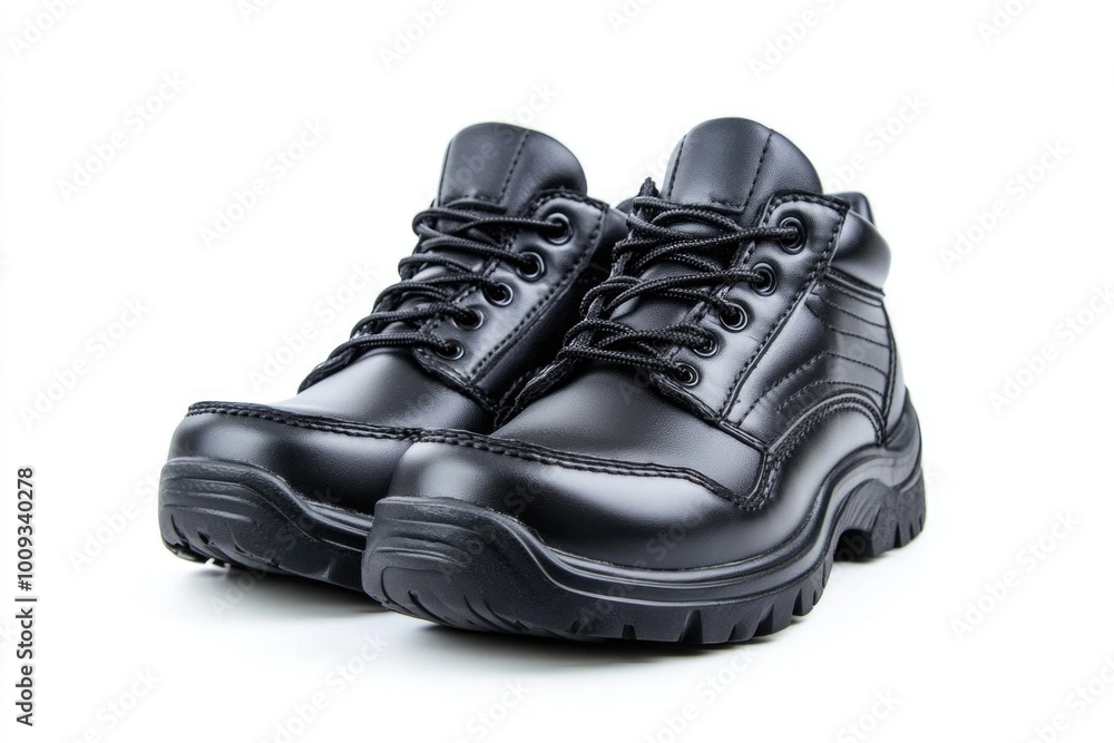 Poster a pair of black shoes placed on a clean white surface, ready for use or display