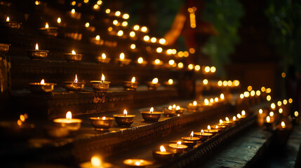 Karthigai Deepam festival in Tamil Nadu, thousands of small oil lamps are lit on the steps and roofs of temples, creating a sparkling sight at night, Ai generated images