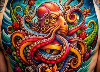Fototapeta premium Intricate Kraken Tattoo Design Featuring Tentacles and Nautical Elements on a Bold Background