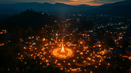 festive scene of Karthigai Deepam festival, huge lanterns are lit on the holy hill near Arunachaleswarar temple, thousands of people gather around the hill watching the holy light shine