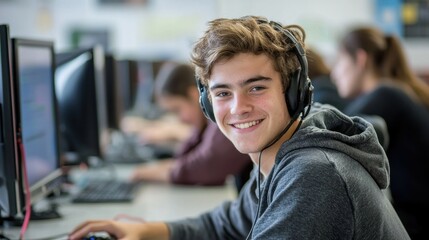 A smiling male student wearing headphones is sitting at his computer in the game room of an English language school and playing video games with other students,