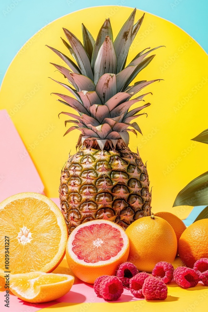 Wall mural Fresh fruit composition with pineapple, raspberries, and oranges on a vibrant yellow and pink background