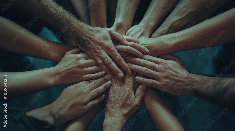 Aufkleber teamwork and unity with hands together, group of hands come together in the center, symbolizing team