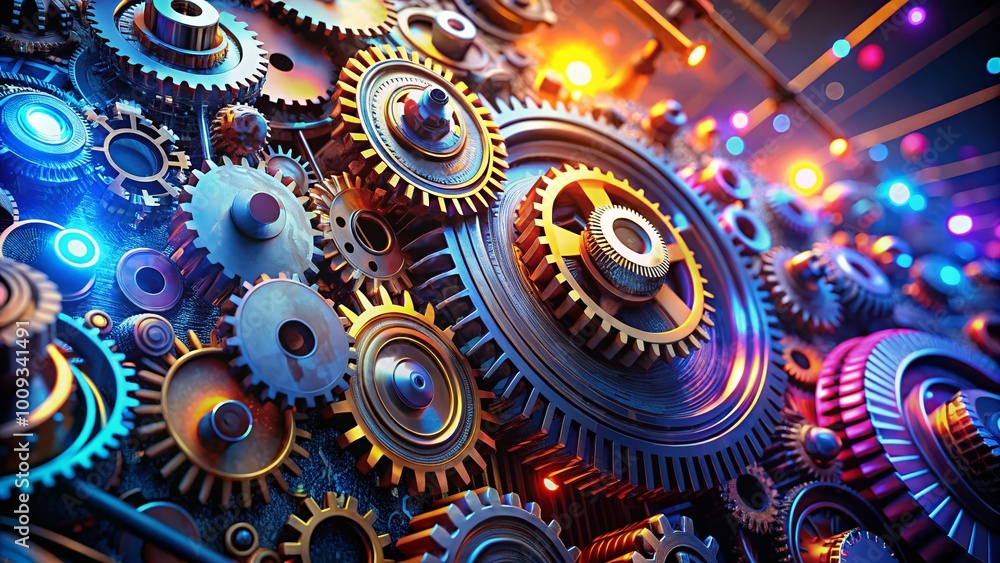 Poster intricate mechanical gears and data visualization in a futuristic technology concept design