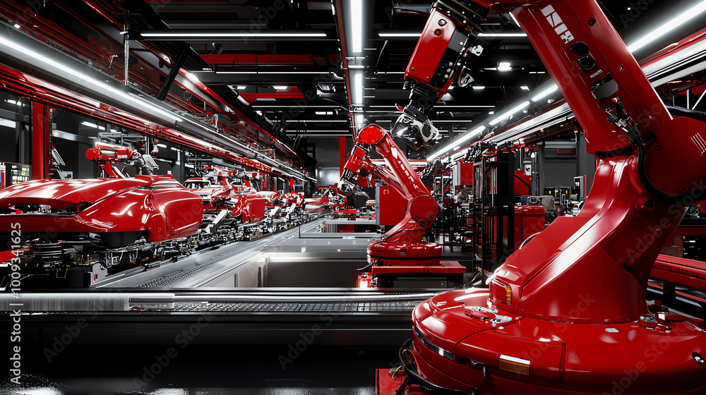 Poster red industrial robots in modern factory, high-tech automated assembly line.