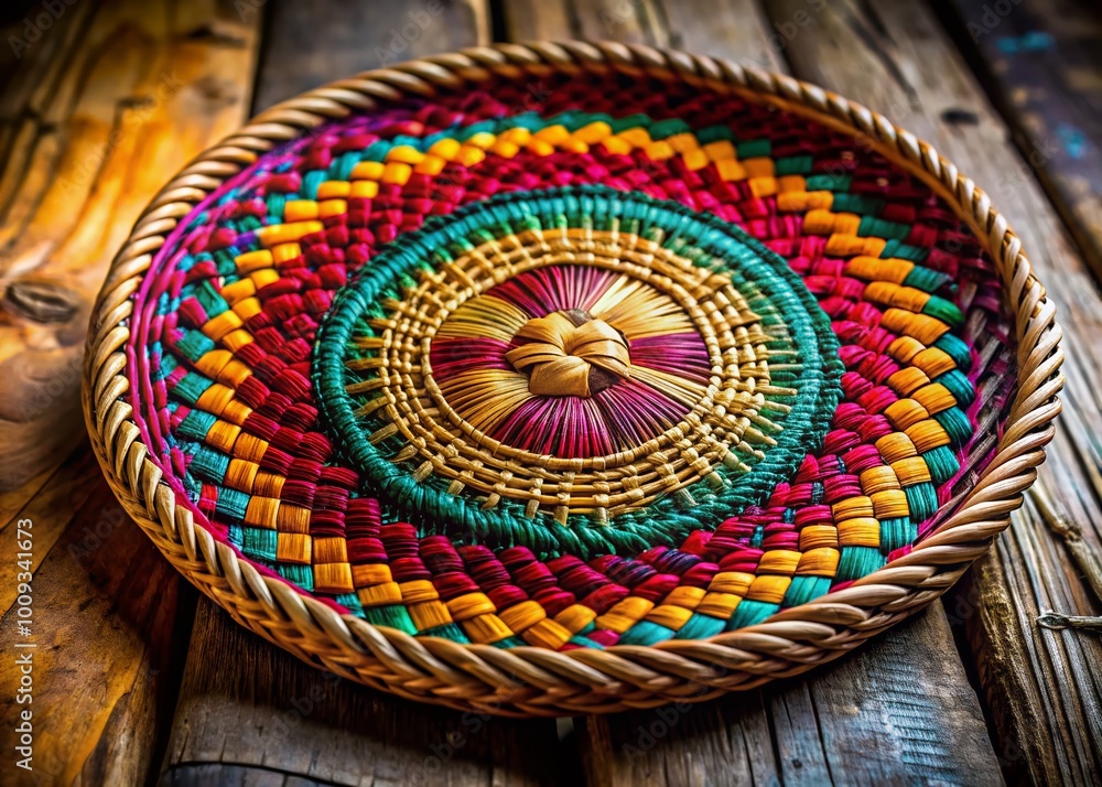 Poster intricate mimbre weaving art displayed on a rustic wooden table in natural light setting