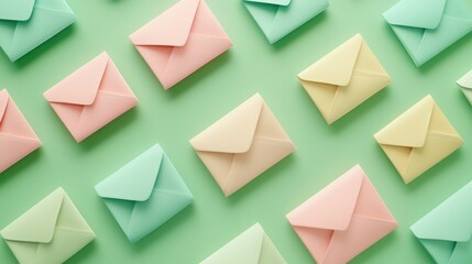 Three dimensional render of rows of pastel colored envelopes flat laid against green background