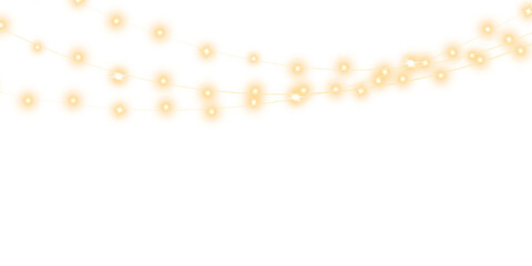 Festive Christmas light gold garlands. Set of golden Christmas glowing garlands. Decor element for postcards, invitations, backgrounds, business cards. Winter new collection 2024. PNG.