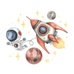 Space watercolor hand-drawn illustration with little astronaut in outer space next to flying rocket, planets and stars. Cute cartoon composition for kids © Nellya Egorova