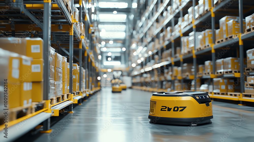 Aufkleber warehouse with automated robot moving between shelves of packages.
