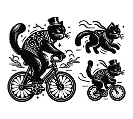 Cat cycling silhouette vector illustrations