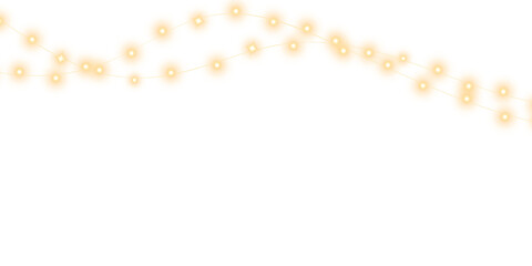 Festive Christmas light gold garlands. Set of golden Christmas glowing garlands. Decor element for postcards, invitations, backgrounds, business cards. Winter new collection 2024. PNG.