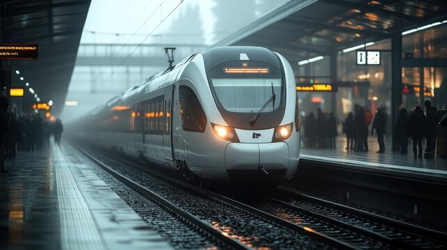 A realistic view of a train arriving at a station, with passengers in muted tones waiting on the platform, conveying a sense of anticipation and calm 
