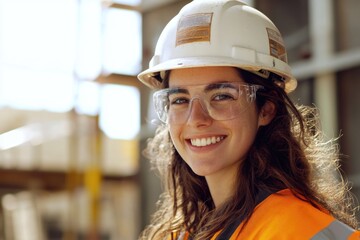 A woman wears a hard hat and safety glasses on the job site