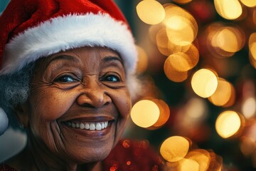 A cheerful woman wears a Santa hat and smiles for the camera