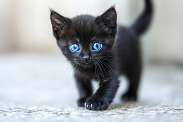 A close-up of a small black kitten with bright blue eyes walking across a wooden floor