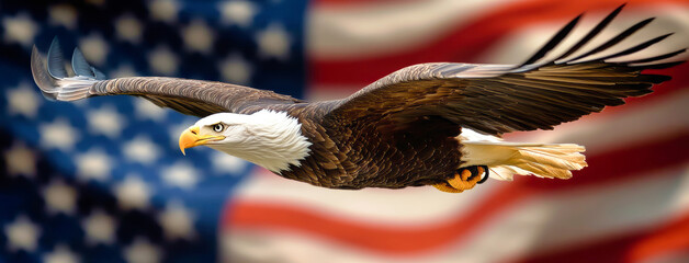 A bald eagle soars majestically against a backdrop of the American flag, symbolizing freedom and strength in a striking, ultra-realistic style