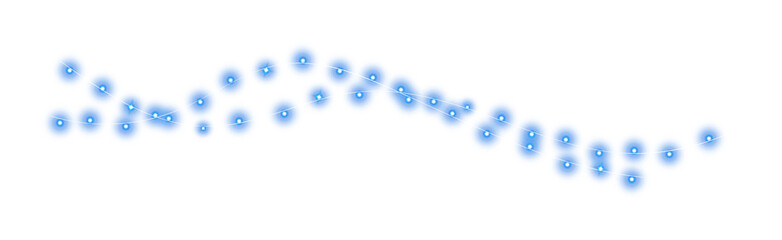 Festive Christmas light blue garlands. Set of blue Christmas glowing garlands. Decor element for postcards, invitations, backgrounds, business cards. Winter new collection 2024. PNG.