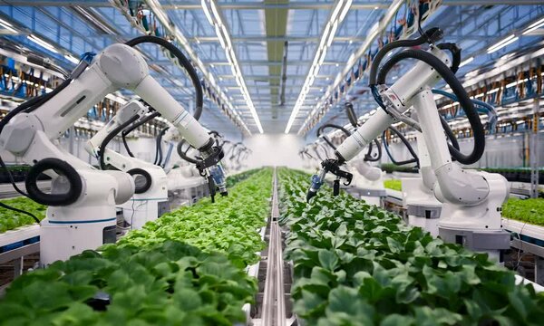 Two robotic arms tend to a row of leafy green plants in a controlled indoor environment.