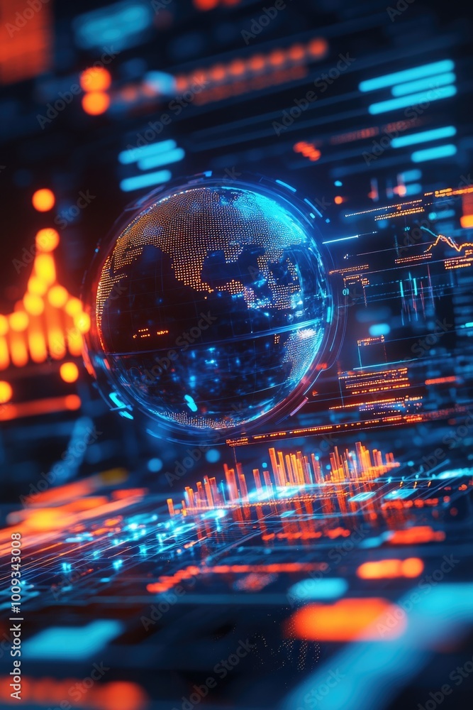 Poster A computer screen displaying a glowing globe, suitable for use in presentations or as a futuristic concept illustration