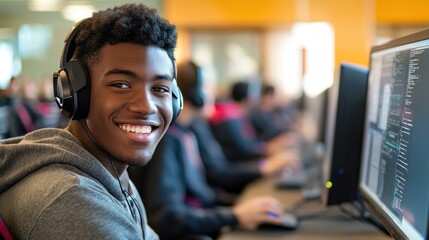 1️⃣ Portrait of a smiling male student with a headset, working at a computer in a high school classroom. Students are sitting behind him and her, doing their work. The image is of white people, a cand