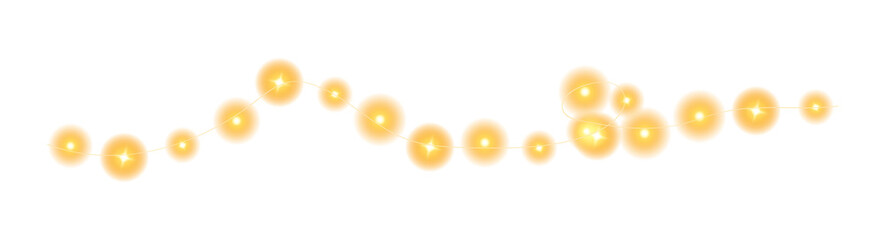 Festive Christmas light gold garlands. Set of golden Christmas glowing garlands. Decor element for postcards, invitations, backgrounds, business cards. Winter new collection 2024. PNG.