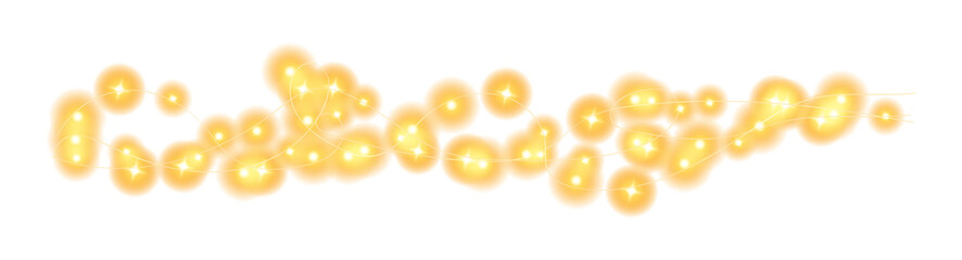 Festive Christmas light gold garlands. Set of golden Christmas glowing garlands. Decor element for postcards, invitations, backgrounds, business cards. Winter new collection 2024. PNG.