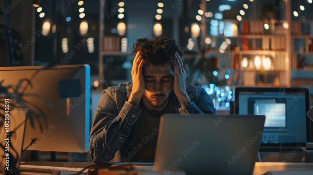 Poster a man is sitting at a desk with a laptop and a computer monitor