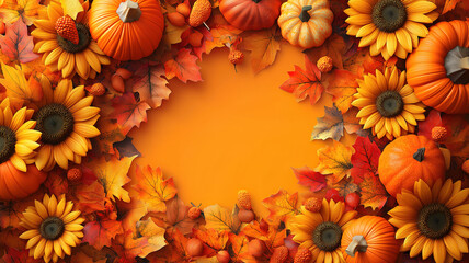 Obraz premium Autumn Festive Background Featuring Sunflowers, Pumpkins, and Fall Leaves for Thanksgiving
