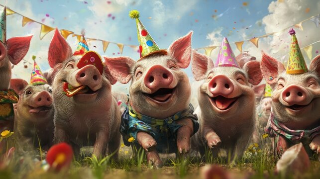 Unleashing their creativity, a cluster of piglet pigs sport an array of unconventional and colorful ensembles, bringing a sense of whimsy and playfulness to a unique birthday party invitation banner.