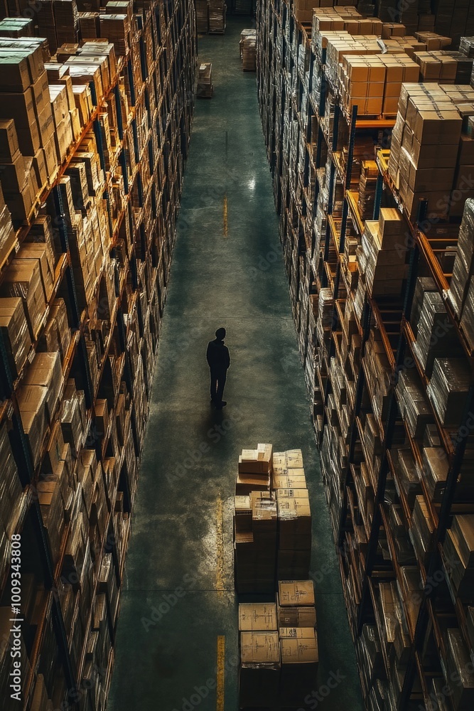 Poster A person navigates through a warehouse filled with boxes and containers, offering a unique perspective on inventory management or supply chain operations
