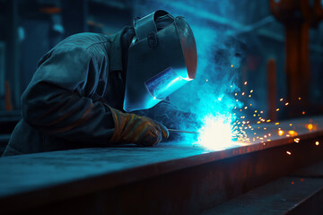 Welder in protective gear and mask welding large metal structures.