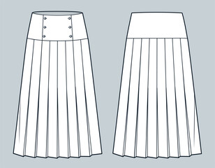 Pleated Skirt technical fashion illustration. Midi Skirt fashion flat technical drawing template, buttons, front and back view, white, women CAD mockup.