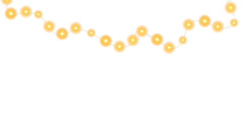 Festive Christmas light gold garlands. Set of golden Christmas glowing garlands. Decor element for postcards, invitations, backgrounds, business cards. Winter new collection 2024. PNG.