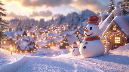 Obraz premium Charming 3D Cartoon Winter Landscape Scene