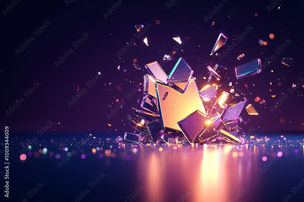 Poster exploding bright glass shards with rainbow reflections in a chaotic 3d abstract scene